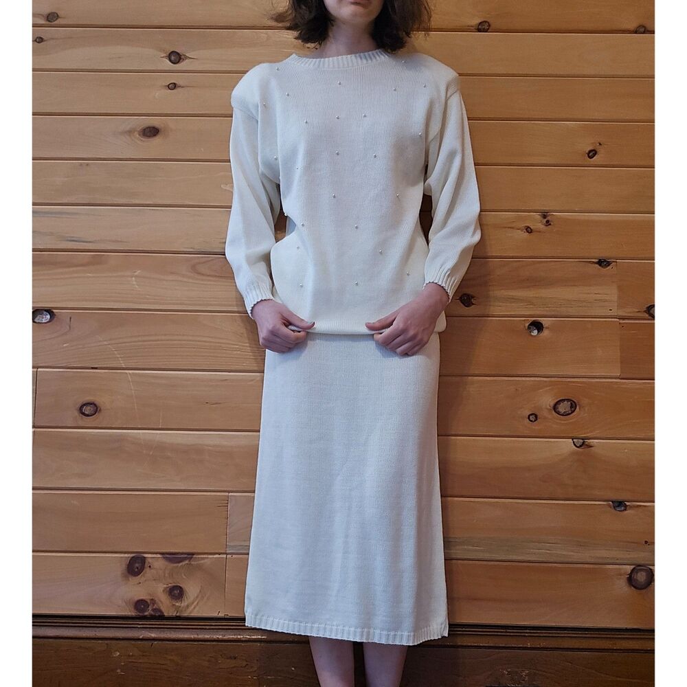 Women's Vintage 1970s Pearl Ivory Sweater and Skirt Matching Set Medium